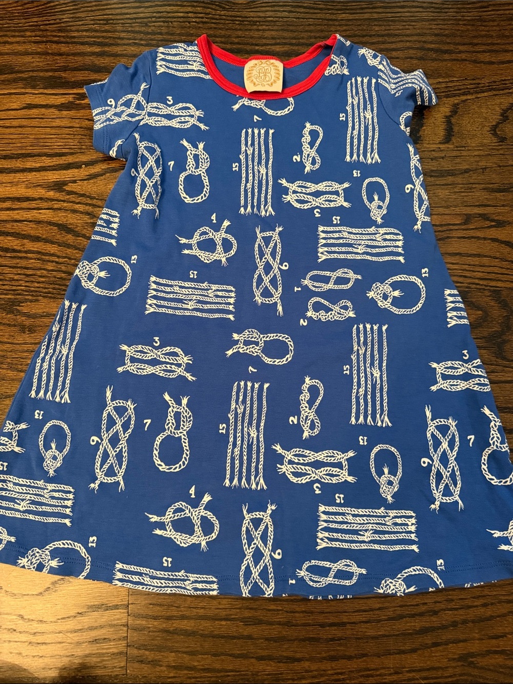 The Beaufort Bonnet Company Blue Nautical Knot Print Dress with Red Trim
